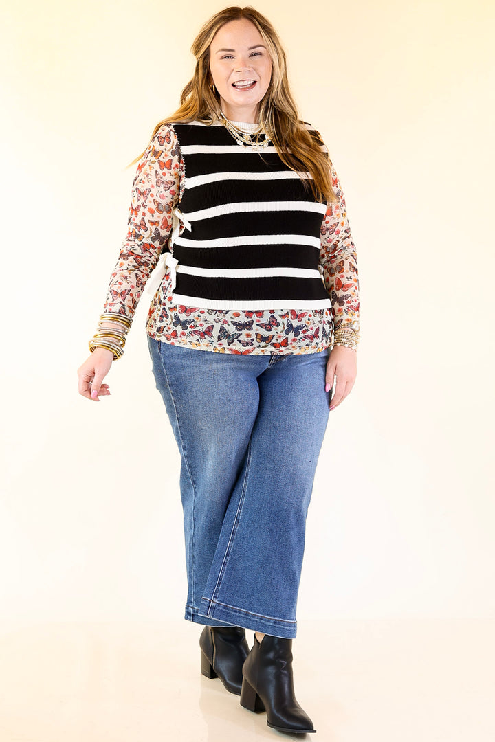 Tied Up in Style Knit Sweater with Side Ties in Black with Off White Stripes