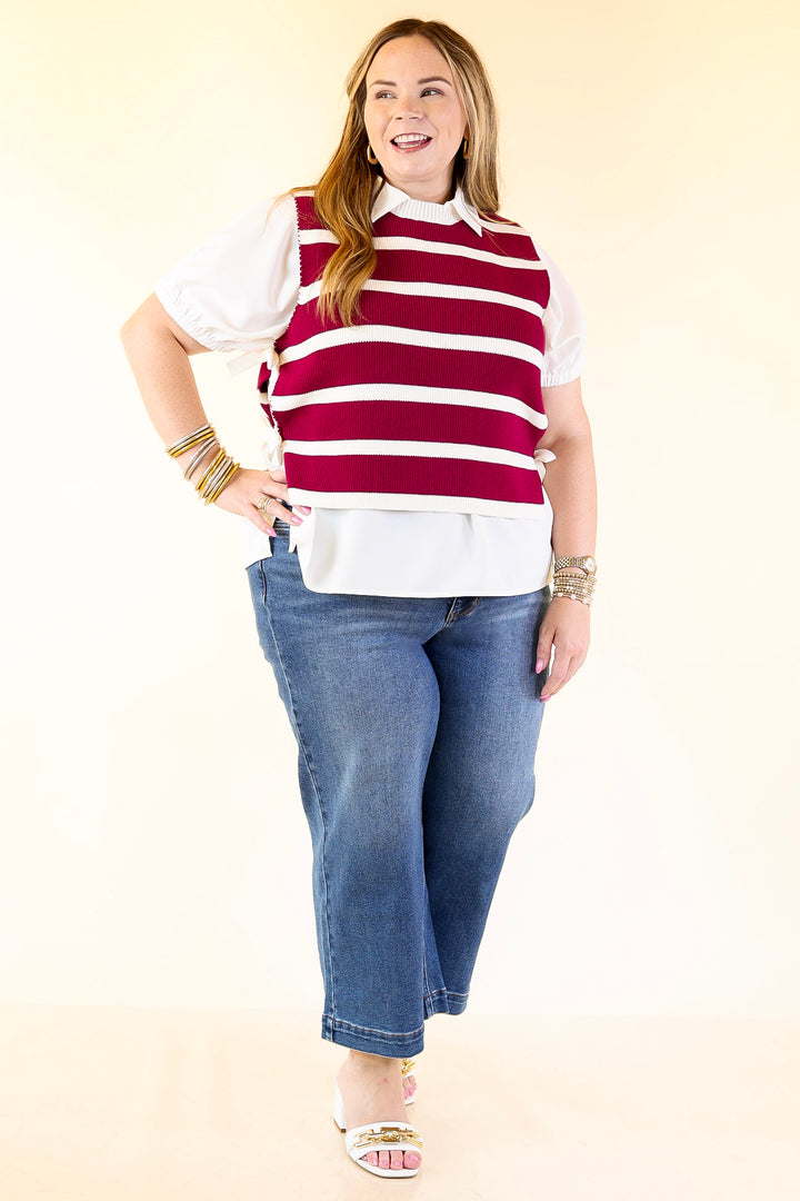 Tied Up in Style Knit Sweater with Side Ties in Maroon with Off White Stripes
