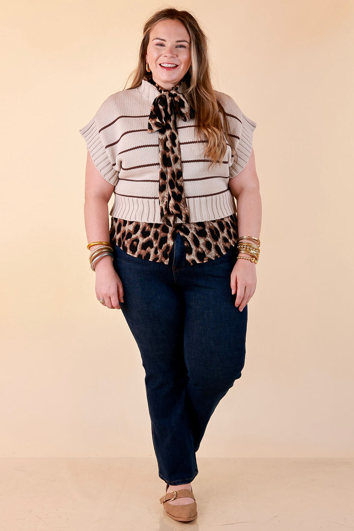 Sweet in Stripes Short Sleeve Striped Mock Neck Sweater in Sand Beige