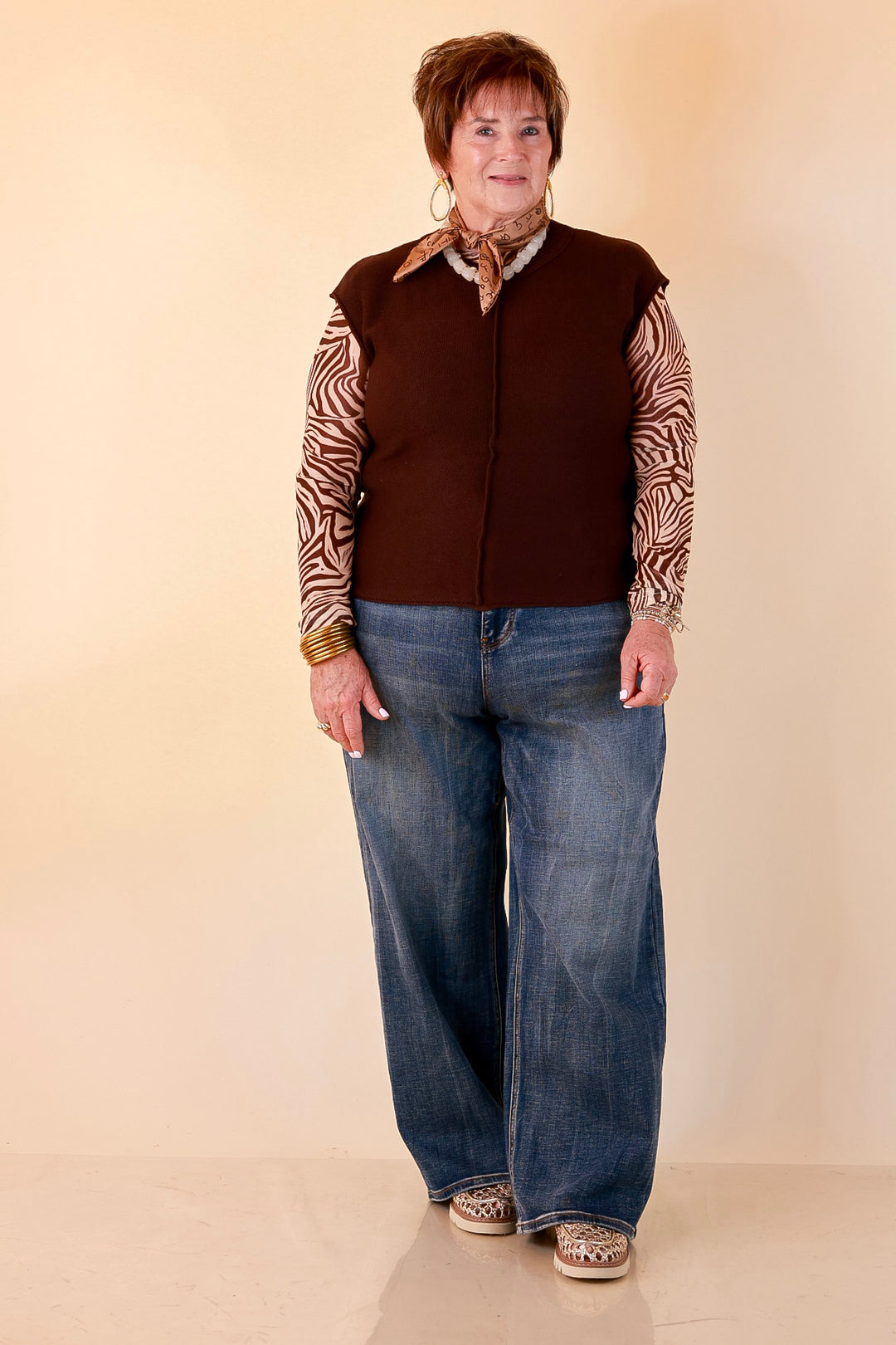Always a Favorite Crew Neck Front Seam Sweater Knit Top in Chocolate Brown