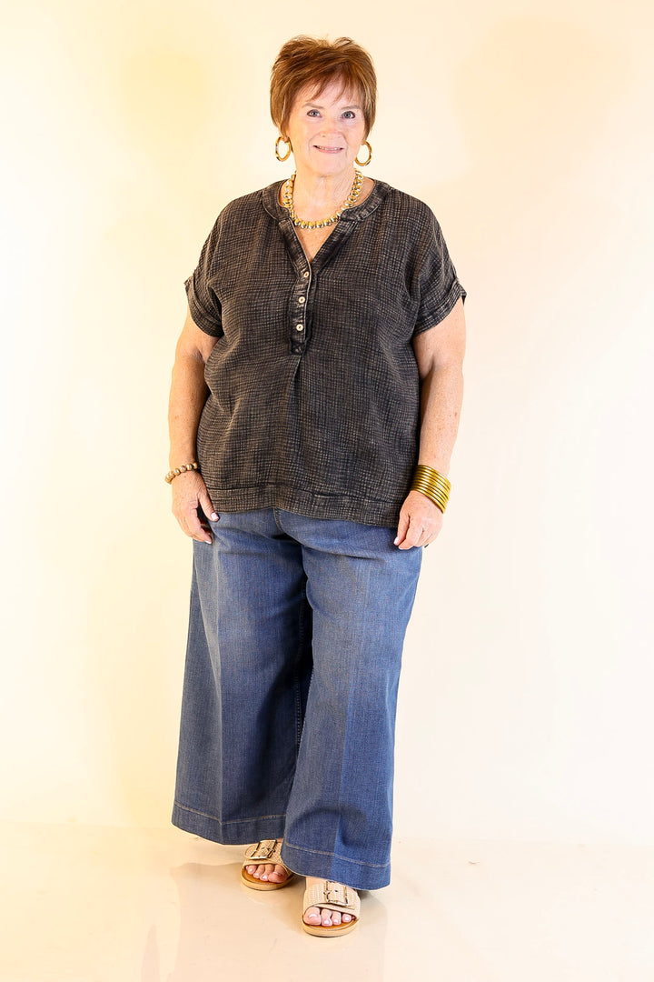 Simple Statement Quarter Button Up Short Drop Sleeve Shirt in Black