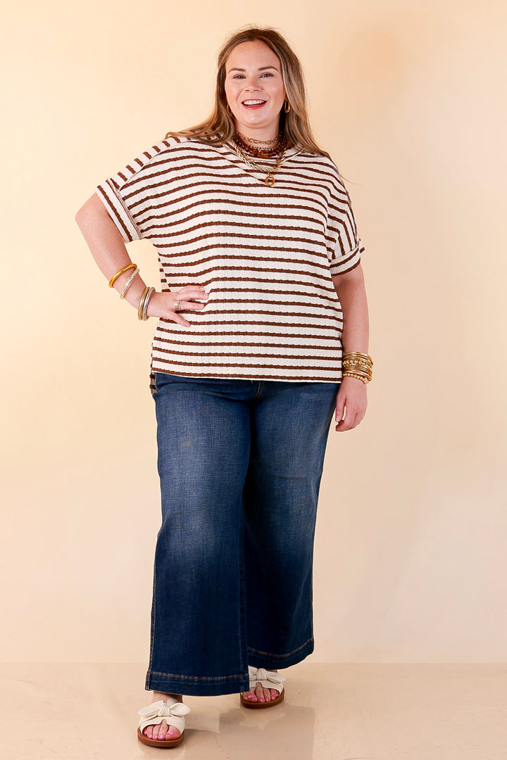 On The Daily Scoop Neck Short Sleeve Striped Textured Top in Chocolate Brown