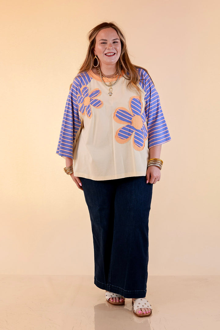 Bloom in Color Floral and Stripe Print Relaxed Short Sleeve Top with Contrast Sleeves in Cream