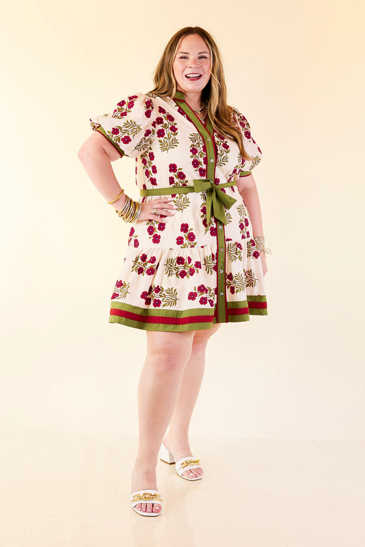 Garden Party Floral Dress with Dropped Skirt and Olive and Maroon Trim in Cream