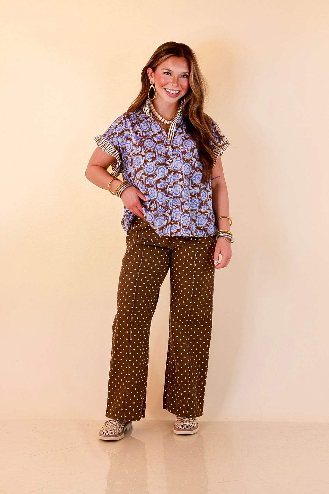 Effortless Grace Floral Print Flutter Stripe Sleeve and Ruffle Collar Detailing Blouse in Brown and Periwinkle Blue