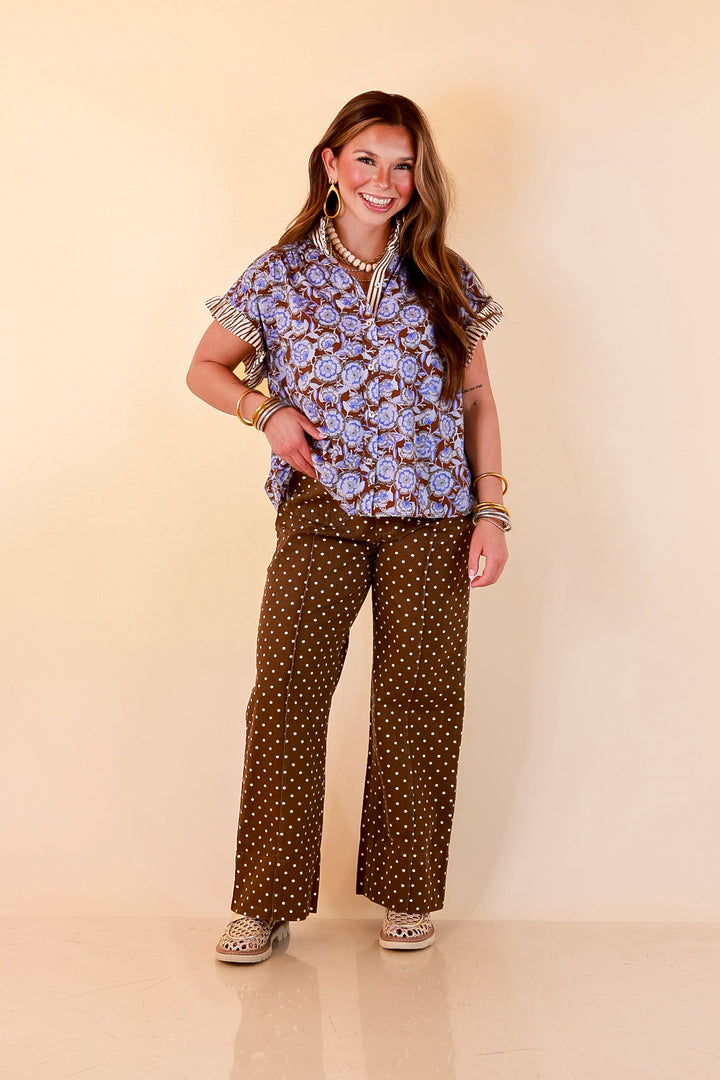 Effortless Grace Floral Print Flutter Stripe Sleeve and Ruffle Collar Detailing Blouse in Brown and Periwinkle Blue