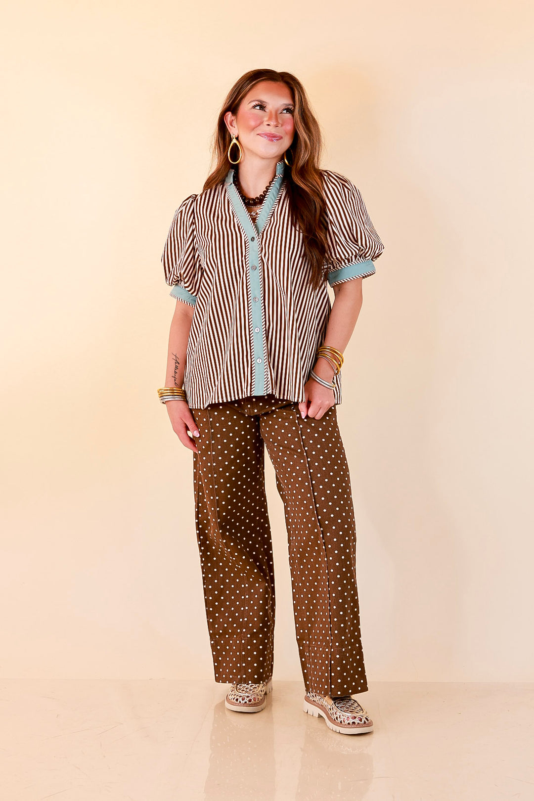 Pop of Polish Short Puff Sleeve Button Front Top with Contrast Trim in White, Chocolate Brown and Blue