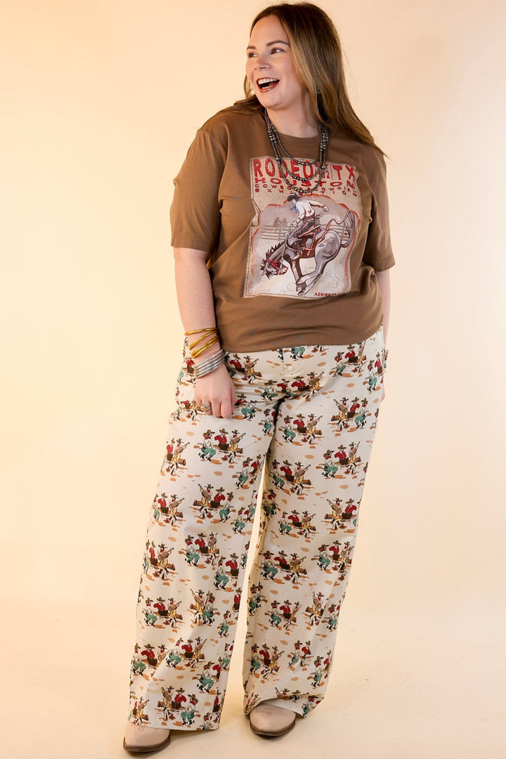 Newest Trend Cowboy Print Cotton Pants with Elastic Waistband in Ivory