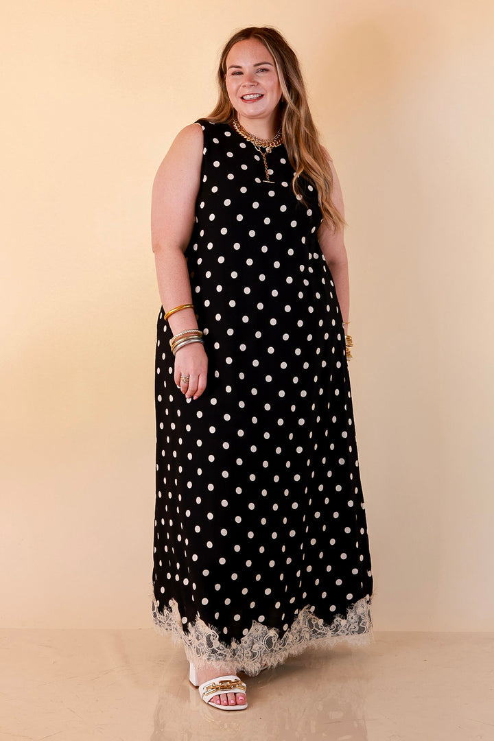 Sweet Little Something Polka Dot Sleeveless Maxi Dress with Lace Trim in Black