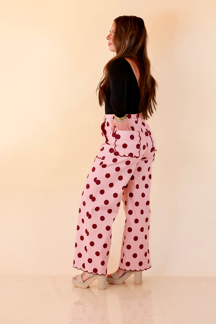 Polished Play Polka Dot Print Wide Leg Denim Pants with Scallop Detailing in Blush Pink and Maroon