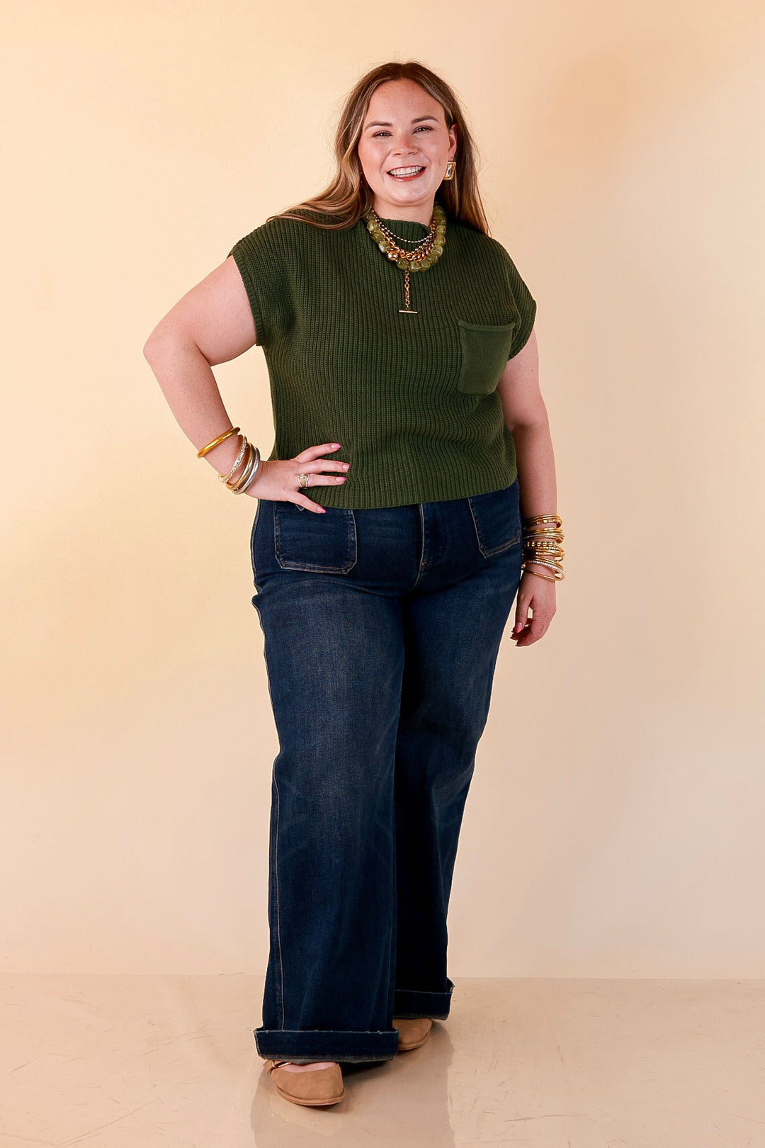 Repeat Worthy Cap Sleeve Cropped Sweater with Front Pocket in Olive Green
