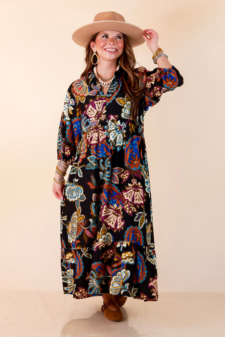 Season of Style Floral Print V Neck 3/4 Sleeve Collared Tiered Midi Dress in Black Multi