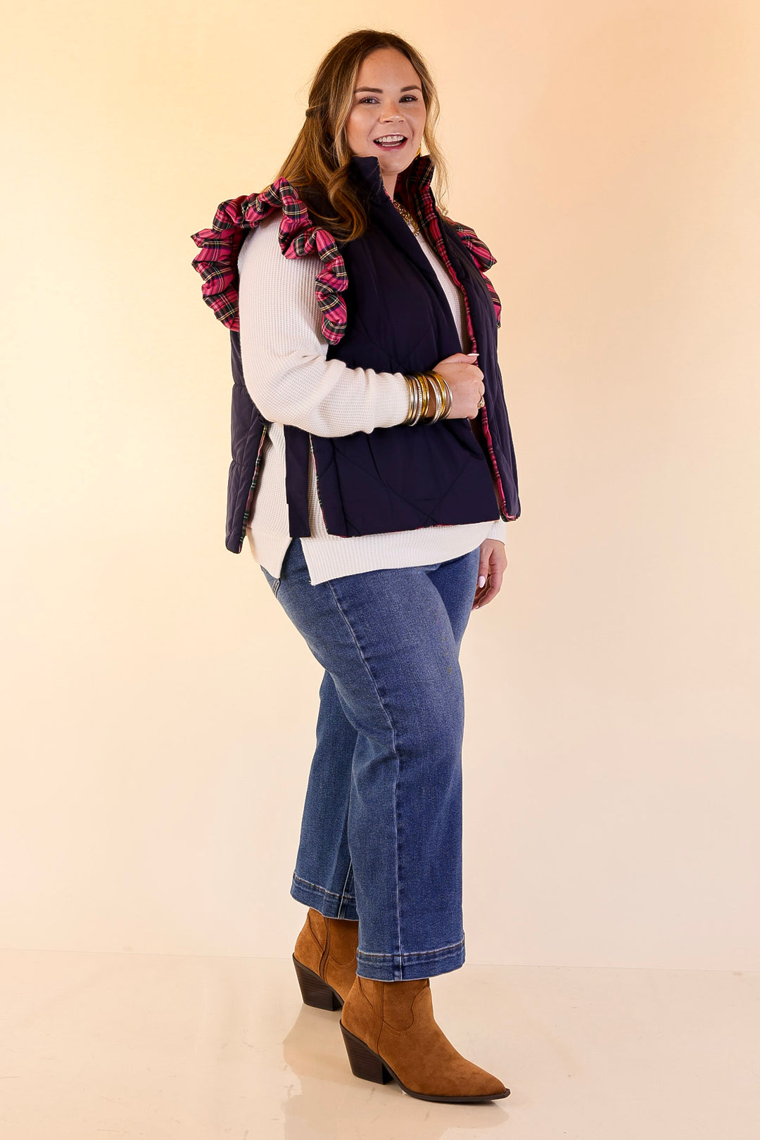 Mud Pie | Jefferies Quilted Plaid Reversible Vest with Ruffle Cap Sleeves and Bow Side Closure in Pink