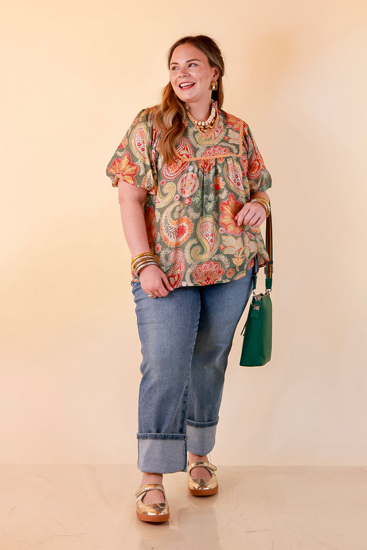 Blooming Days Ahead Paisley Print V Neck Blouse with Puff Sleeves, Ruffle Trim Collar and Lace Trim Yoke in Olive Green Mix