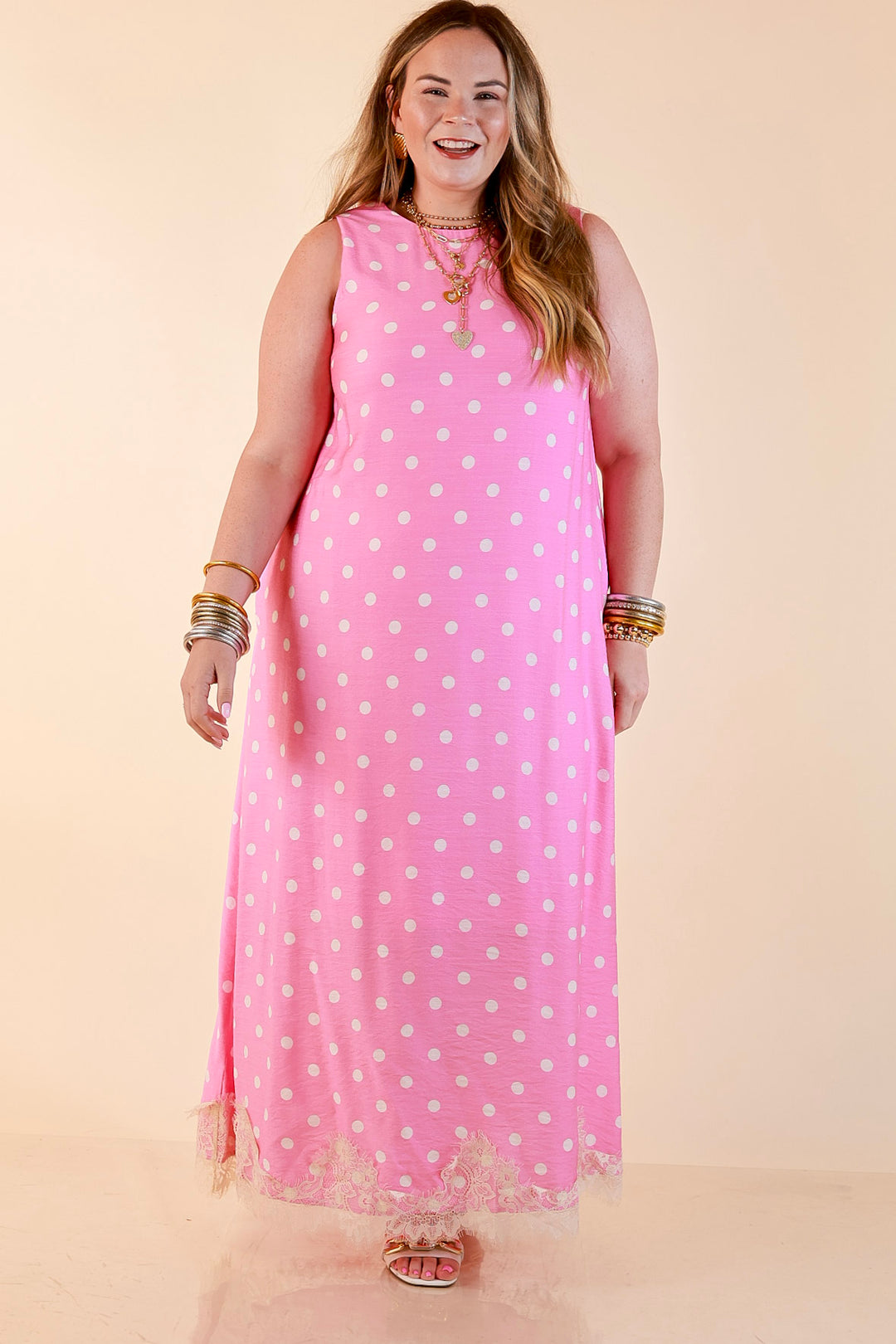 Sweet Little Something Polka Dot Sleeveless Maxi Dress with Lace Trim in Pink