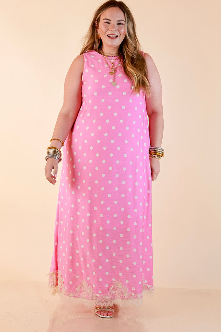 Sweet Little Something Polka Dot Sleeveless Maxi Dress with Lace Trim in Pink