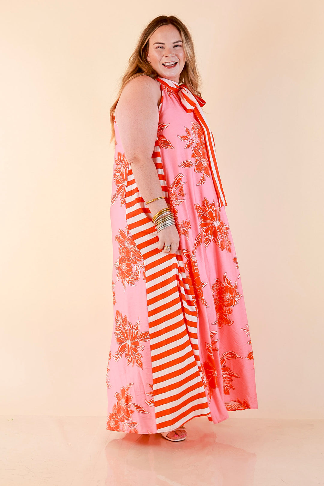 Meet Me in Palm Beach Floral Print Halter Maxi Dress with Adjustable Bow Tie Neck in Pink and Orange