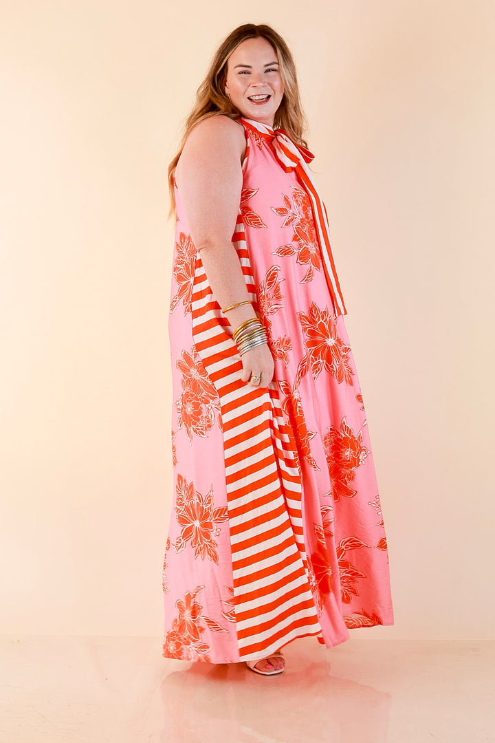 Meet Me in Palm Beach Floral Print Halter Maxi Dress with Adjustable Bow Tie Neck in Pink and Orange