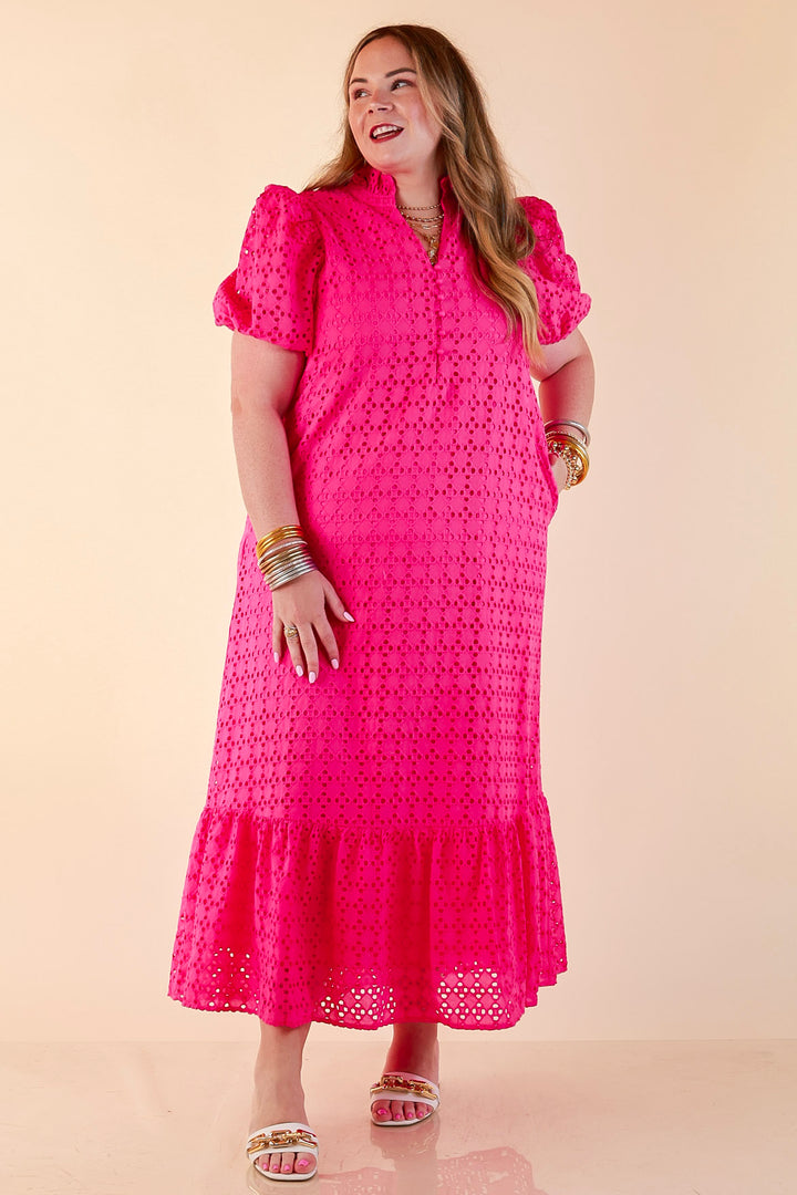Meet Me at Sunset Eyelet Lace Puff Sleeve Tiered Maxi Dress in Hot Pink