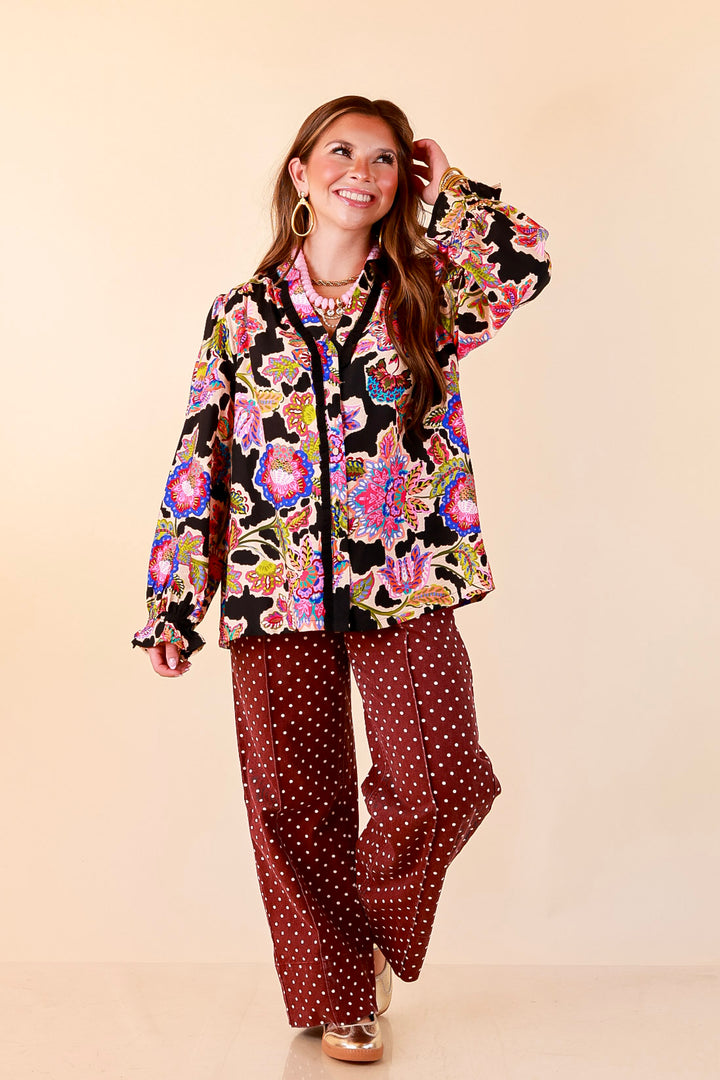 Petal Pop Floral Print Ruffle Front Button Up Long Sleeve Top with Balloon Sleeves in Black