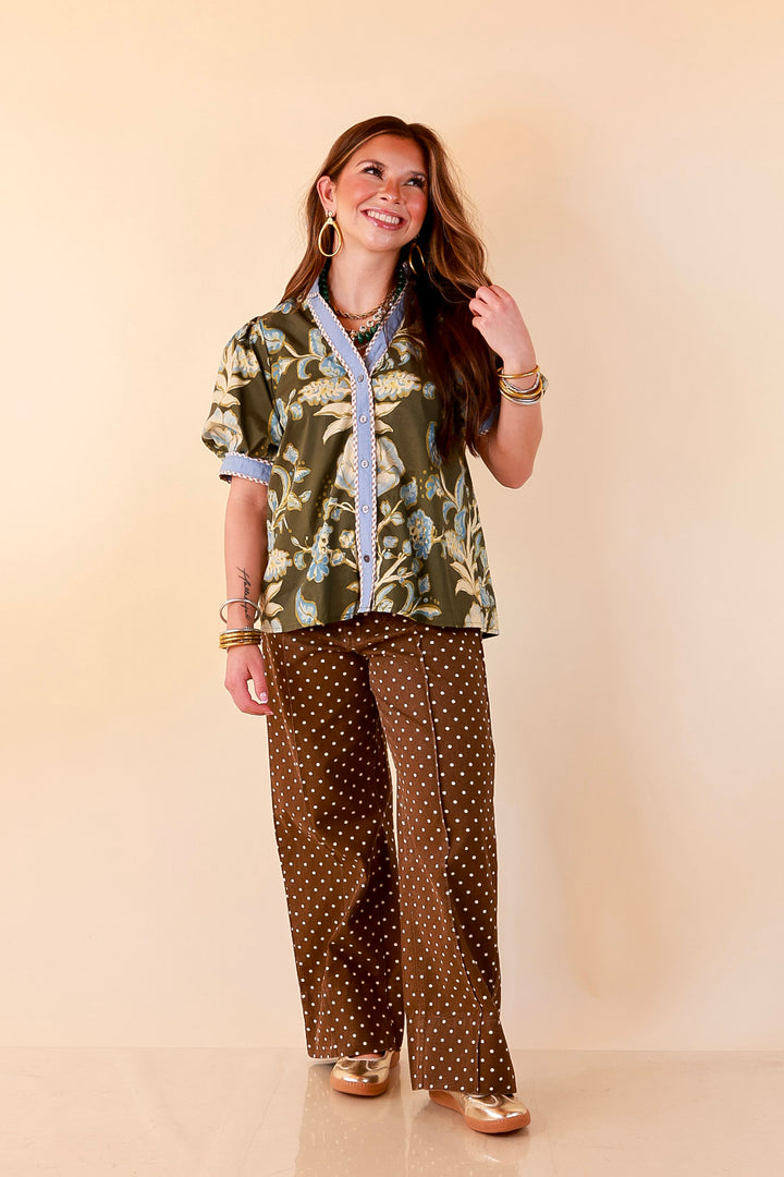 Pop of Polish Short Puff Sleeve Button Front Floral Top with Contrast Trim in Olive Green and Blue