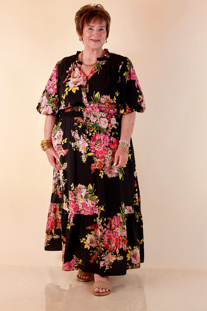 Reserved for Brunch Puff Sleeve Smocked Waist Floral Maxi Dress in Black Multi