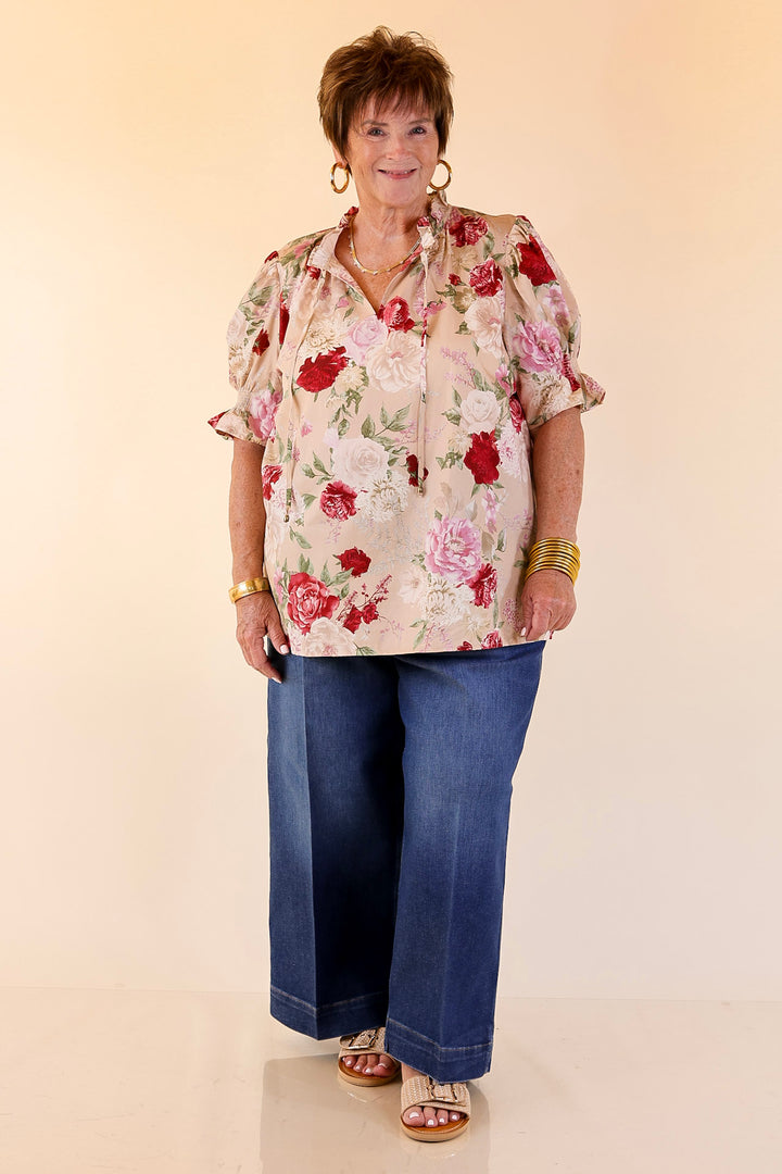 Freshly Picked Floral Print Top with Short Puff Sleeves in Beige