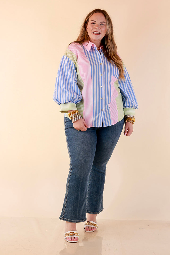 Lovely Impression Colorblock Stripe Button Front Top with Balloon Sleeves in Pink, Blue and Green