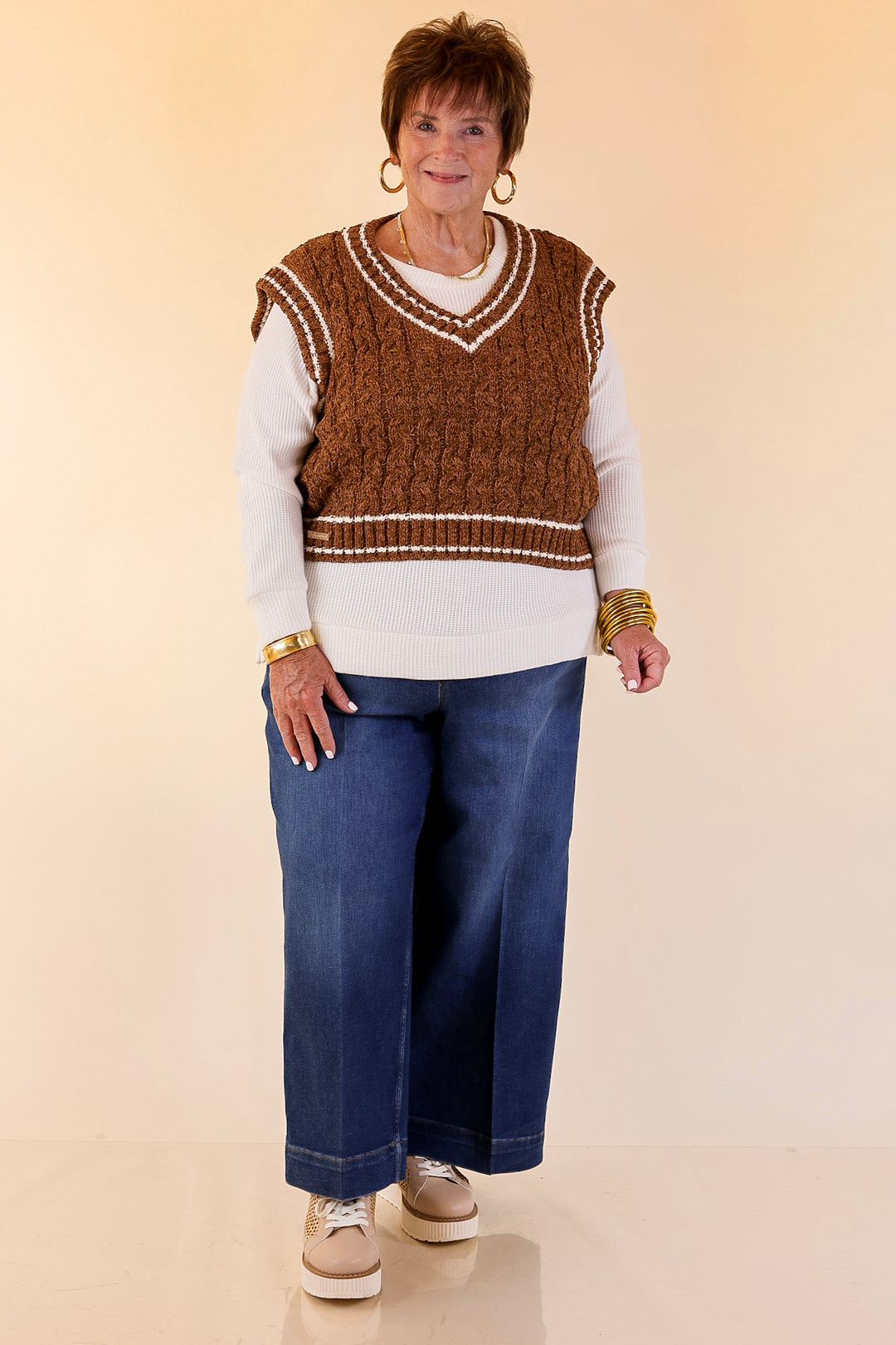 Simply Southern | Bliss Cable Knit Teddy Sweater Vest with V-Neckline and Contrast Trim in Umber Brown