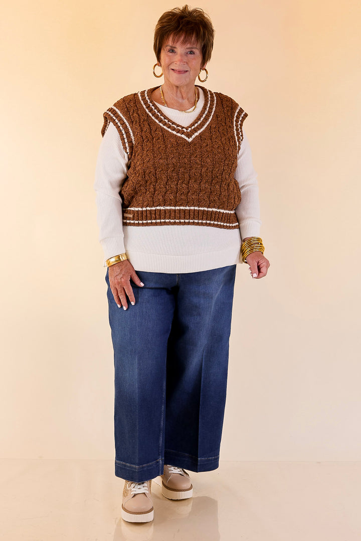 Simply Southern | Bliss Cable Knit Teddy Sweater Vest with V-Neckline and Contrast Trim in Umber Brown