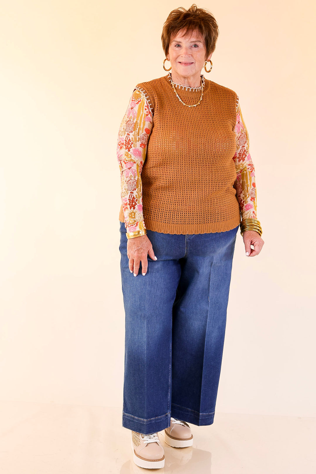 Simply Southern | Olivia Large Knit Sweater Vest with Contrast White Stitching in Tan Brown