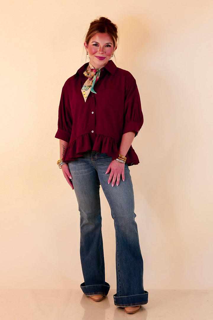 Style Agenda Solid Button Down Peplum Top in Maroon