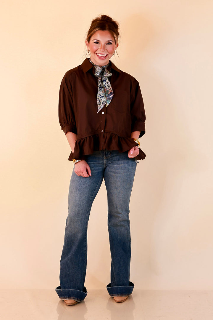 Style Agenda Solid Button Down Peplum Top in Deep Chocolate Brown