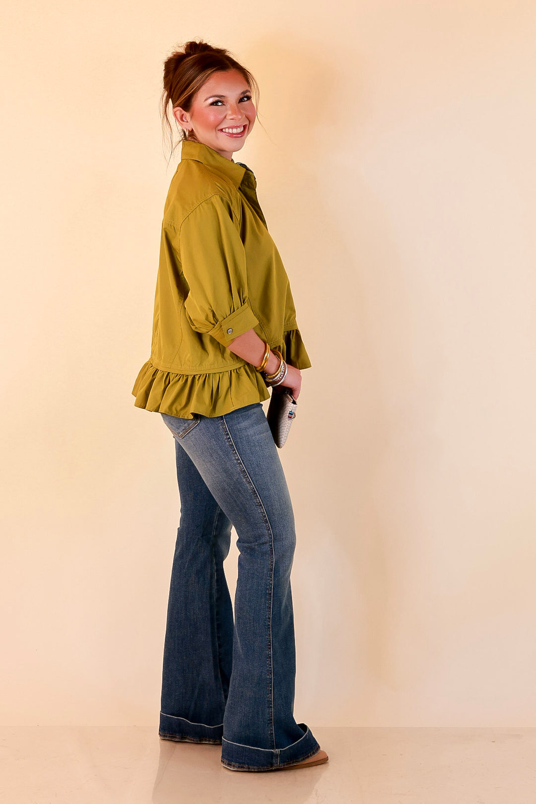 Style Agenda Solid Button Down Peplum Top in Chartreuse Olive Green
