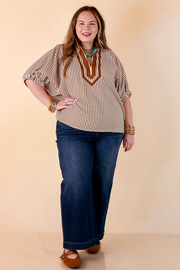 Naturally Stylish Stripe Top with Contrast Stripe Trim and Short Dolman Sleeves in Camel Brown