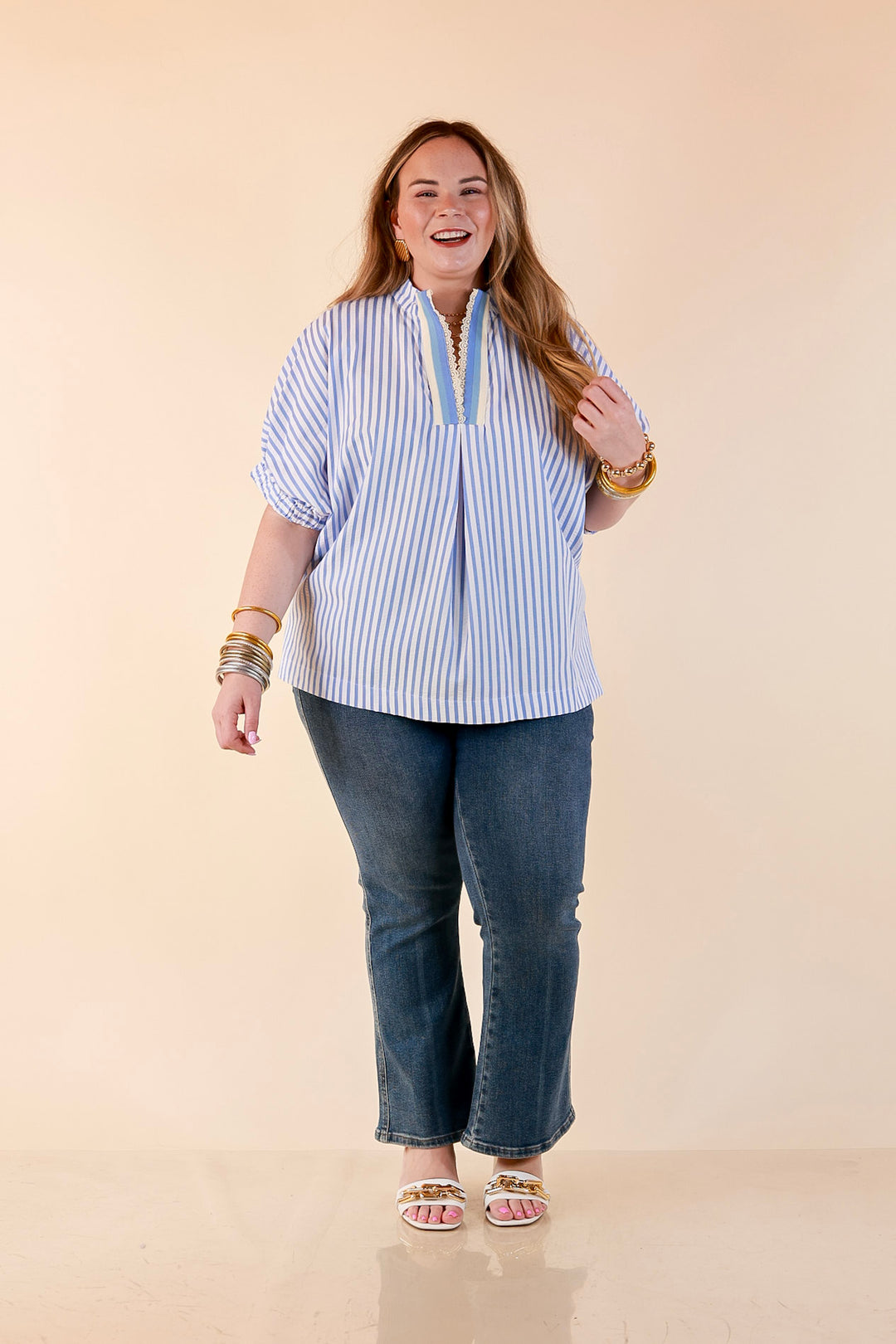 Naturally Stylish Striped Poncho Top with Lace Trim Details and Dolman Sleeves in Baby Blue