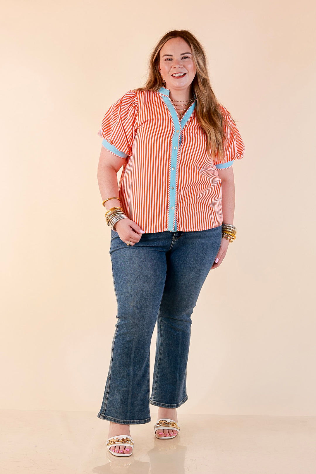 Pop of Polish Short Puff Sleeve Button Front Top with Contrast Trim in Orange, White and Sky Blue