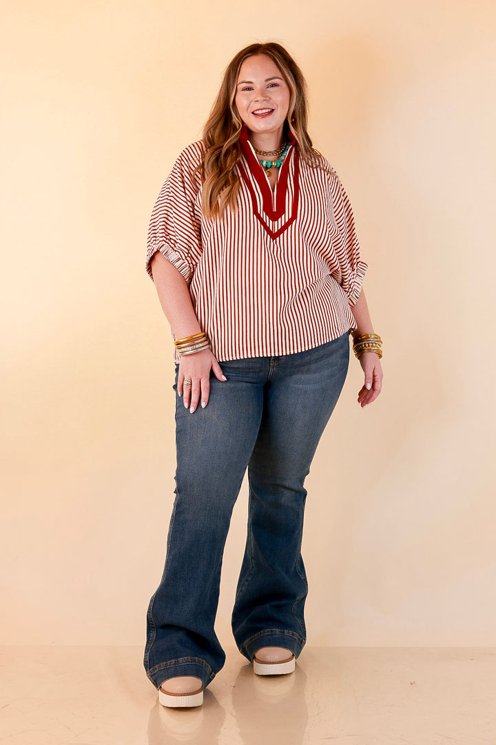 Naturally Stylish Stripe Top with Contrast Stripe Trim and Short Dolman Sleeves in Brick Red