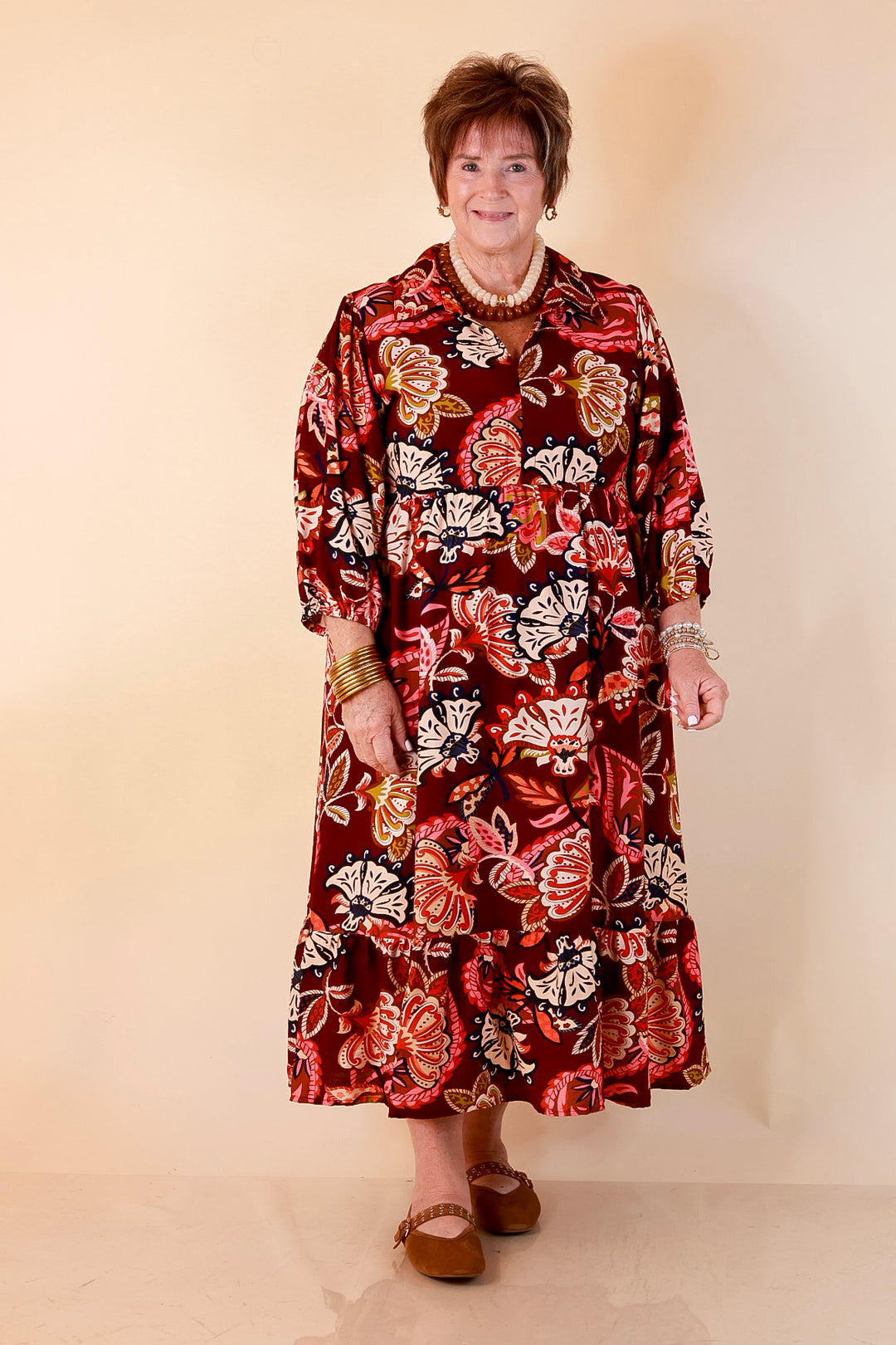 Season of Style Floral Print V Neck 3/4 Sleeve Collared Tiered Midi Dress in Maroon Multi
