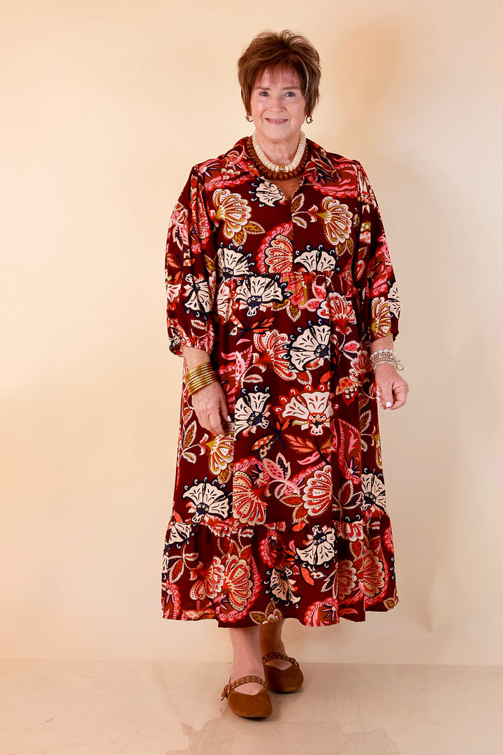 Season of Style Floral Print V Neck 3/4 Sleeve Collared Tiered Midi Dress in Maroon Multi