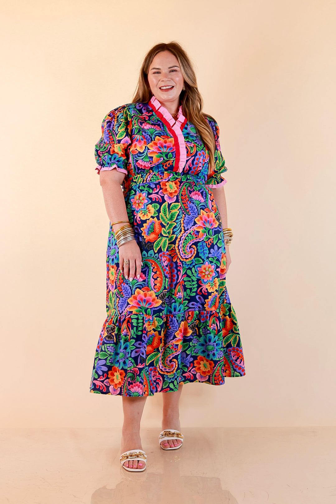 Gracefully Yours Floral and Paisley Print Midi Dress with Contrast Ruffle Trim in Navy Blue