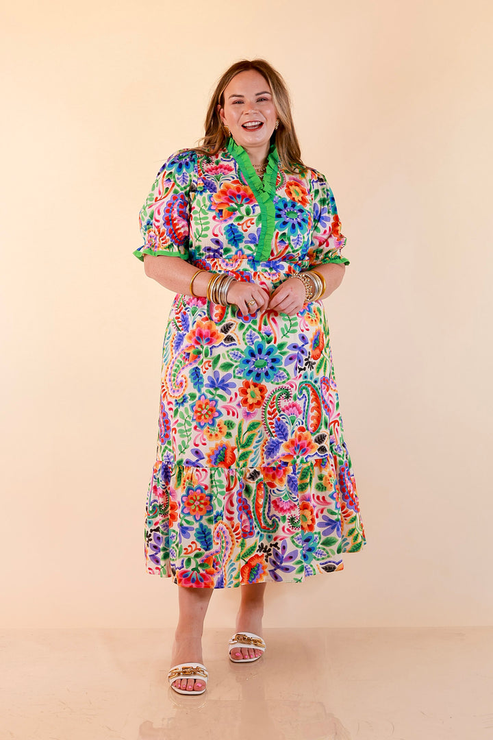 Gracefully Yours Floral and Paisley Print Midi Dress with Contrast Ruffle Trim in Ivory