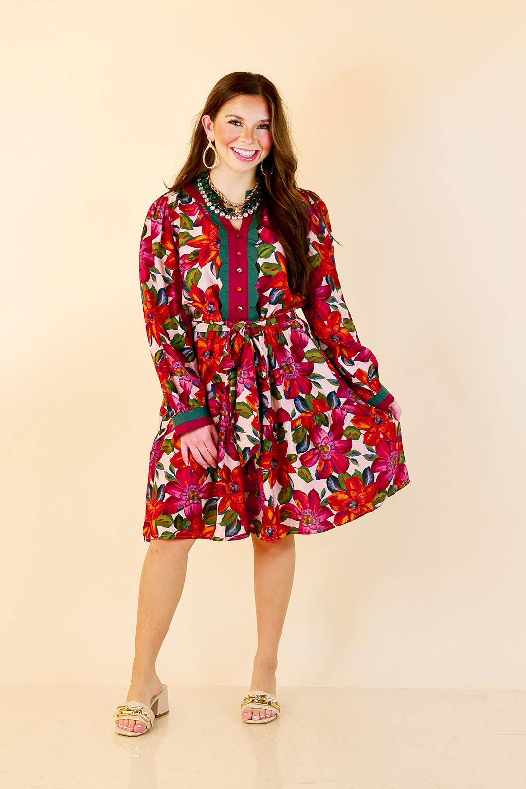 Color Me Confident Floral Print Button Front Contrast Trim Dress in Ivory, Plum and Emerald Green
