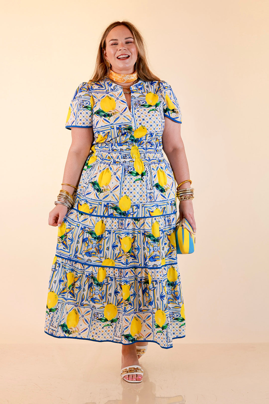 Villa Views Lemon and Tile Abstract Print Tiered Midi Dress in Blue and Yellow
