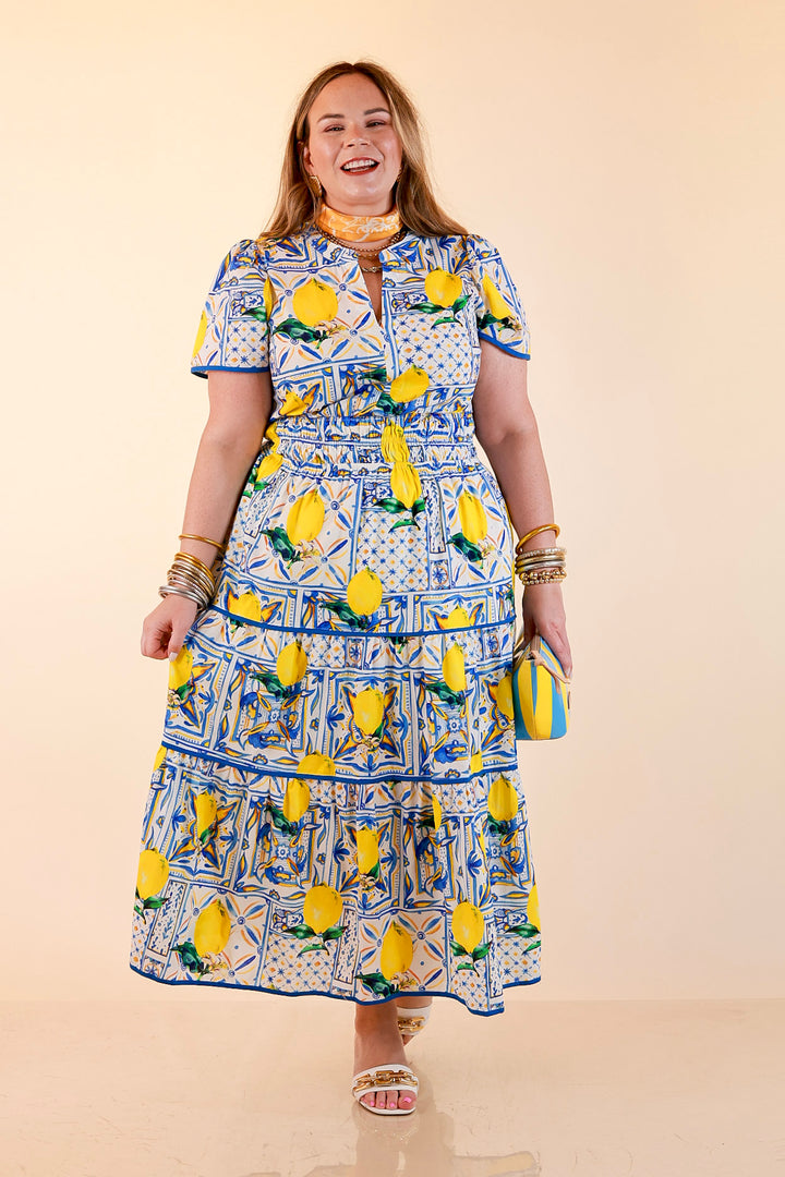 Villa Views Lemon and Tile Abstract Print Tiered Midi Dress in Blue and Yellow