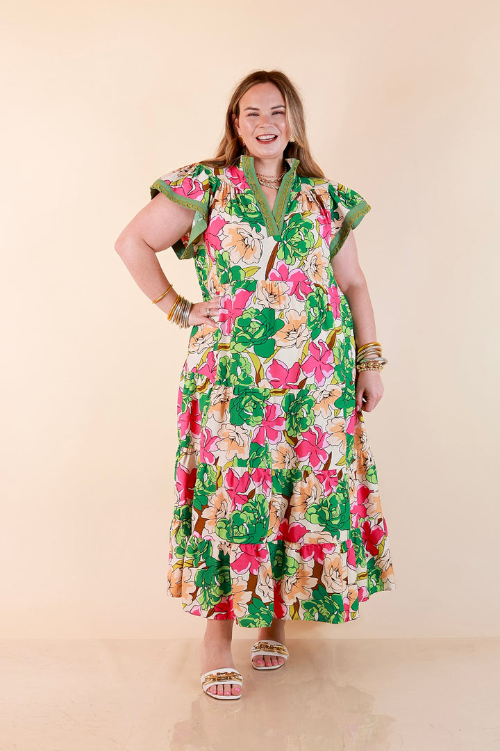 Spring Symphony Floral Print Tiered Midi Dress with Flutter Sleeves in Pink and Green