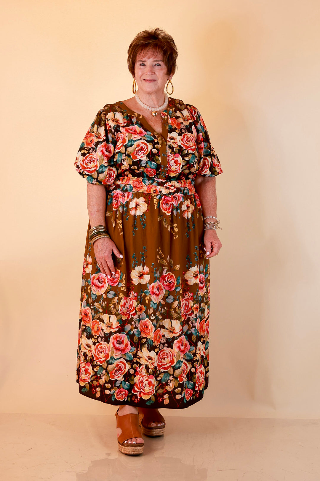 Brunch with the Girls Puff Sleeve Smocked Waist Floral Print Tiered Midi Dress in Chocolate Brown Multi