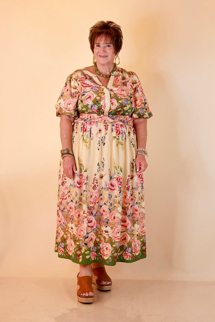 Brunch with the Girls Puff Sleeve Smocked Waist Floral Print Tiered Midi Dress in Ivory and Olive Green Multi
