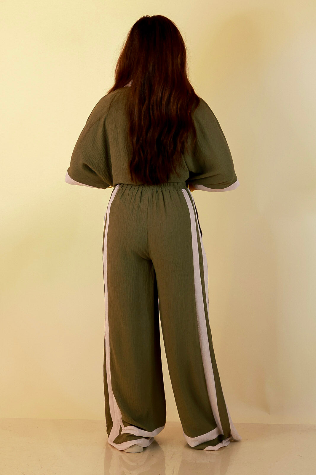 First Class Chic Button Front Collared Top with Matching Wide Leg Pants Set in Olive Green and Ivory