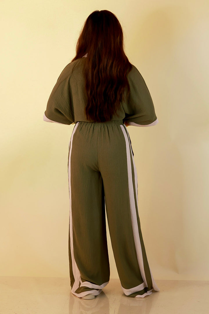 First Class Chic Button Front Collared Top with Matching Wide Leg Pants Set in Olive Green and Ivory
